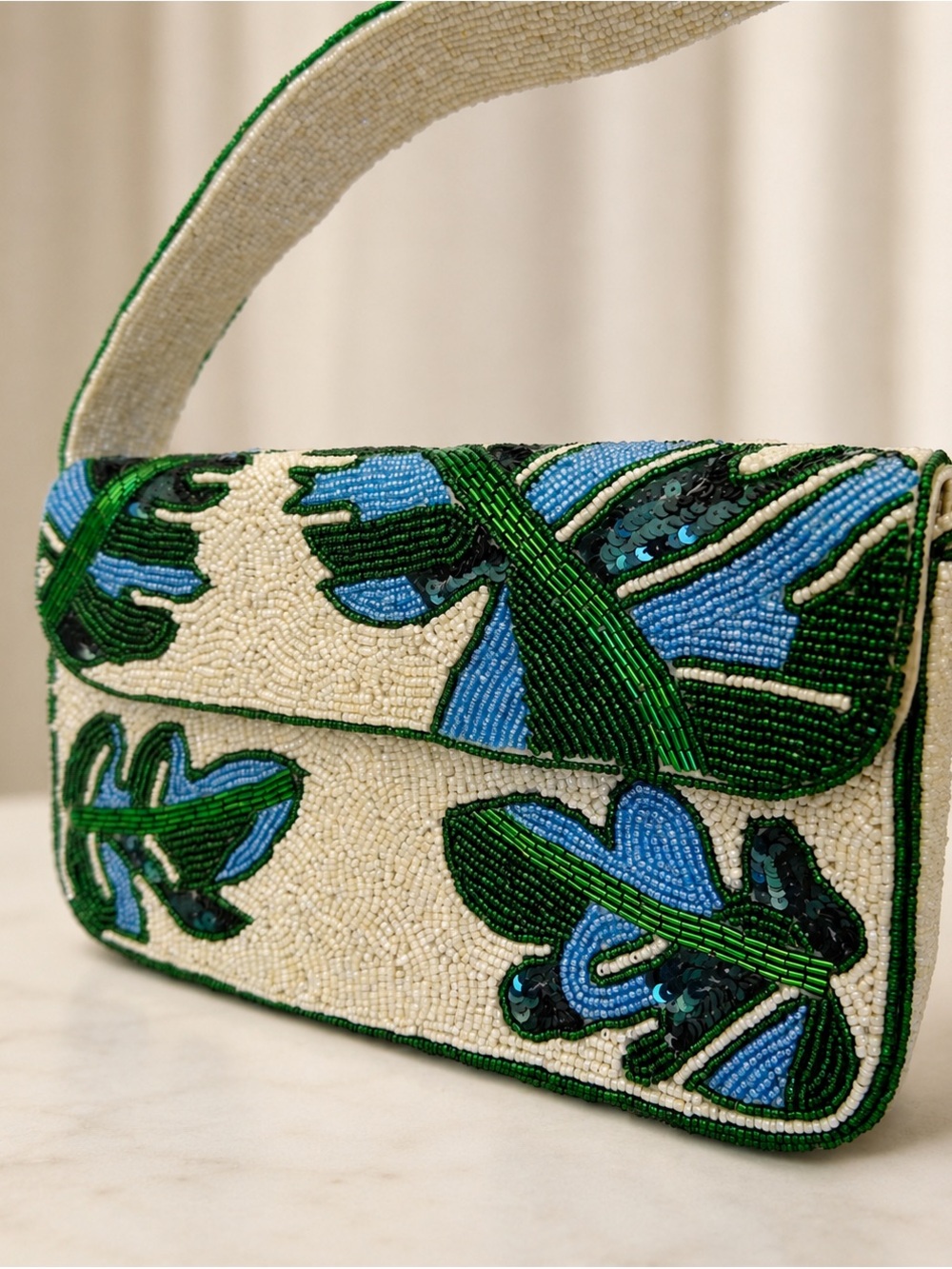 Beaded Leaf-Pattern Shoulder Bag in Blue, Green & Cream